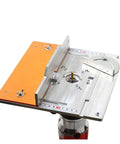 Heavy Duty Aluminum Router Table Insert Plate With Flip Top Frame And Miter Guide Track For Zero Hassle Table Saw Mods and Serious Woodworking Upgrades Built To Last, top view with orange and silver finish.