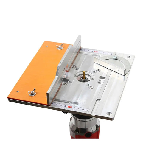 Heavy Duty Aluminum Router Table Insert Plate With Flip Top Frame And Miter Guide Track For Zero Hassle Table Saw Mods and Serious Woodworking Upgrades Built To Last, top view with orange and silver finish.