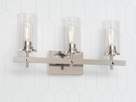 Modern Farmhouse Three Light Vanity Light With Clear Glass Shades In Brushed Nickel For Bathroom Hallway Entryway Kitchen Mirror And Laundry Room Must Have For Any Modern Bathroom Or Powder Room And Hallway Decor
