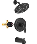 All-In-One Matte Black Tub And Shower Kit With 8-Inch Rain Shower Head Single-Handle Trim Tub Spout With Diverter Pressure-Balance Valve