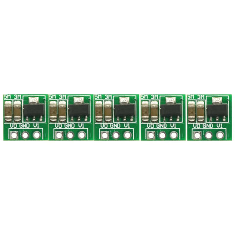 Five Pack 0.9-5V To 5V DC-DC Step Up Boost Converter Module Kit with 480mA output shown in green circuit boards