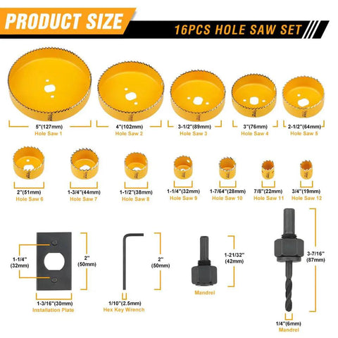 Ultimate Complete Hole Saw Kit with 12 heavy duty saws ranging from 3/4 inch to 5 inches for woodworking and metalworking projects.