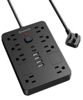 Beefed-Up Surge Protector Power Strip With Eight Outlets And Six USB Ports Including Two USB C Ports 1850W 15A 6FT Flat Plug Extension Cord ETL Listed For Home Office Dorm Room Black, angled view