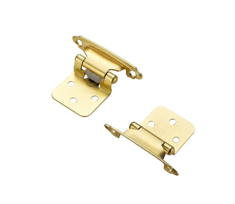 Heavy Duty Gold Overlay Cabinet Hinges 1/2 Inch Face Frame Model With Quiet Cushion Bumpers And Rust Proof Screws For Solid Kitchen Remodels No Hassle Setup showing two gold hinges from an angle.