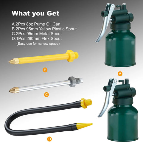 Two green metal pump oil cans with triggers; includes two yellow spouts and two metal spouts plus a 290mm flex spout.