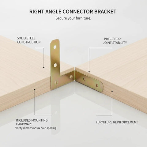 2.76 Inch Steel Right Angle Connector Bracket For 90 Degree Furniture Joints, shown reinforcing wood shelves for stability.