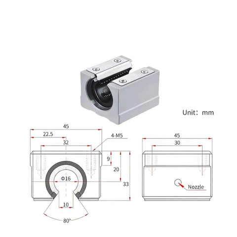 One Pc SBR16UU Linear Motion Ball Bearing Slide Block Bushing For 16mm Linear Shaft Guide Rail CNC And 3D Printer, dimensions included.