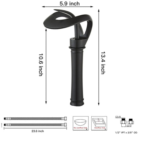 Dimensions of Matte Black Vessel Faucet With Ultra Wide Waterfall Spout High Flow Single Handle One Hole Deck Mount