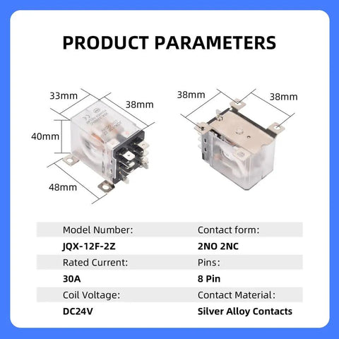 Beefy 24V DC Power Relay, 30A DPDT 2NO 2NC, 8 Pin dimensions and technical specifications.