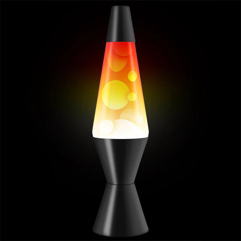 Triple Color Change Lava Lamp With Dynamic Blob Effects, 14.5 Inch Tall Aluminum Base And Cap, 25W Bulb Included, Classic Vintage Liquid Motion Lamp With Multi Colored Swirls For Living Room Or Desk Vibe glowing with red and yellow blobs.