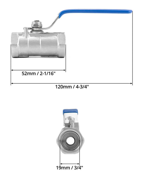 1/2 Inch NPT Stainless Steel Ball Valve side and top view with blue handle, 304 stainless, for water, oil, gas, 1000 WOG, -60F to 450F.