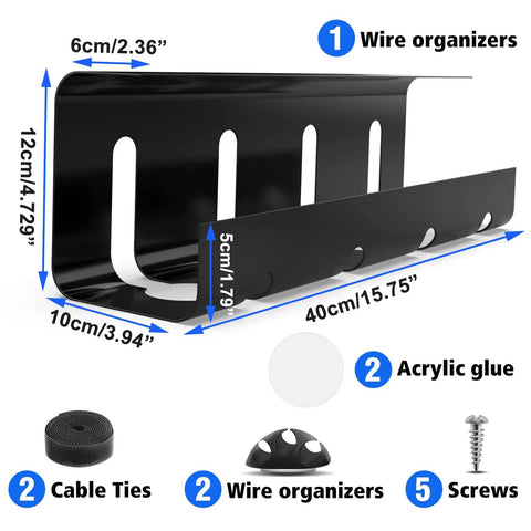 No Drill Desk Cable Tray Set, 2 Pack 15.7 Inch Steel Wire And Cord Organizer, Black Cable Raceway dimensions and accessories