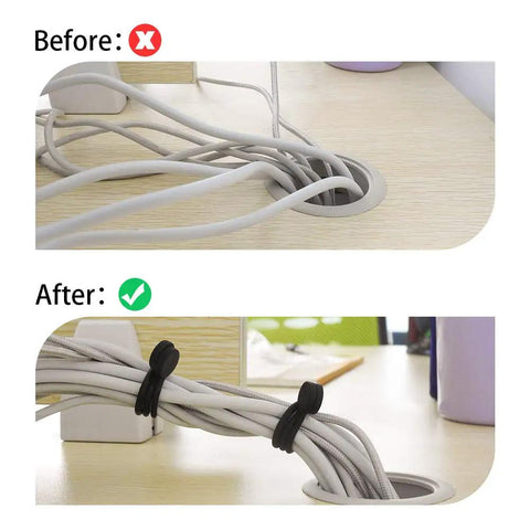 Before and after using Reusable Silicone Magnetic Cable Ties 20 Pack Black For Neat Cord Organization And Bundling, Magnetic Ends For Cables, Wires, Bookmarks, Fridge Magnets, 7.16 Inches on a desk