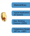 Close-up of brass Push To Connect Pneumatic Fittings Set 1 Quarter Inch Tube OD And 1 Eighth Inch NPT Male DOT Air Brake Line description