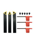 Front view: Three 1/2-inch indexable carbide lathe tool holders with TCMT inserts, red handles, and small screws