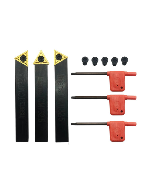 Front view: Three 1/2-inch indexable carbide lathe tool holders with TCMT inserts, red handles, and small screws