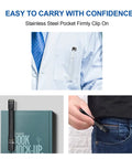 IYP365 Nichia High CRI Pen Light clipped to a doctor's coat, laid on a book, and held near a jeans pocket for easy carrying.