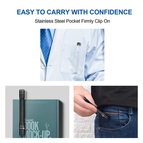 IYP365 Nichia High CRI Pen Light clipped to a doctor's coat, laid on a book, and held near a jeans pocket for easy carrying.