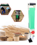 Manual Planter Transplanter Handheld Seeder with Fertilizer Spreader shown with seeds and usage examples in field