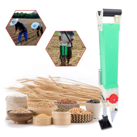 Manual Planter Transplanter Handheld Seeder with Fertilizer Spreader shown with seeds and usage examples in field