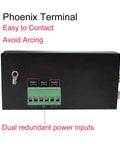 Back view of 8 Port PoE Plus Industrial Gigabit Ethernet Layer 2 Managed Switch showing power inputs and Phoenix Terminal.