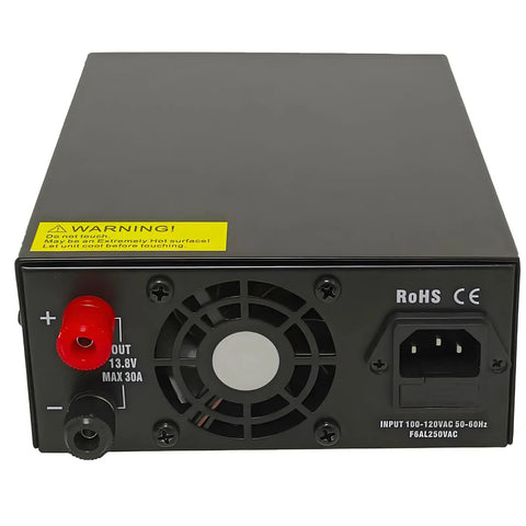Rear view of Beefy 13.8V 30A DC Power Supply With Cigarette Plug Socket For Ham CB Radios showing fan and power input
