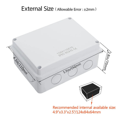 LeMotech junction box, white ABS plastic IP65 dust/water resistant enclosure, external 5.9 x 4.3 x 2.8 in