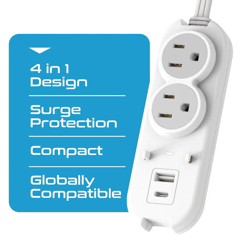 Must Have All In One Travel Power Strip With USB And Type C Port For World Travel, showing compact design with surge protection
