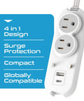 Travel Ready Compact Power Strip With USB Type C Port And Grounded USB Port, Surge Protector, Two US Outlets, image showcasing design features