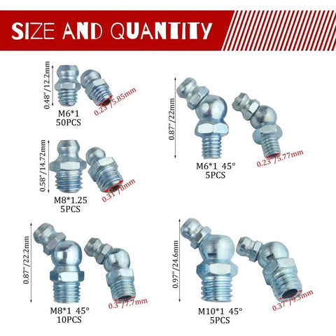 Metric Zerk Grease Fittings Kit 110 Piece Assortment NPT M6 M8 M10 Straight 45 90 Degree Nipples size details