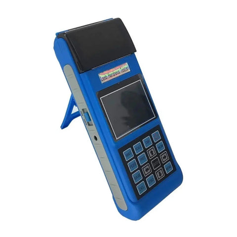 Rock Solid Digital Hardness Tester Meter Featuring Built In Thermal Printer And 600 Group Data Storage With Dead On Accuracy Across 170 To 960 HLD Range Portable Gauge side view, blue with buttons.