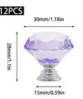 Close-up of a purple 30mm diamond crystal cabinet knob with dimensions, part of 12 Pack 30mm Diamond Crystal Cabinet Knobs Purple For Cabinets And Drawers With Screws Durable Aluminum Alloy Handles Set That Upgrades Your Furniture Style And Adds Elegant Shine.
