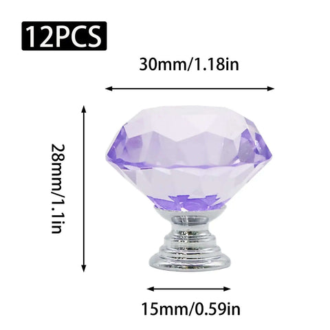 Close-up of a purple 30mm diamond crystal cabinet knob with dimensions, part of 12 Pack 30mm Diamond Crystal Cabinet Knobs Purple For Cabinets And Drawers With Screws Durable Aluminum Alloy Handles Set That Upgrades Your Furniture Style And Adds Elegant Shine.