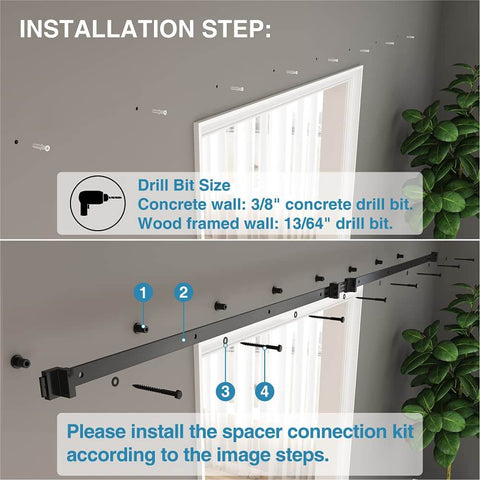 Installation guide for 1-3/8 Inch Sliding Barn Door Track Spacers Replacement Kit With Adjustable Carbon Steel Connectors Including Lag Bolts And Wall Anchors Pack Of 4 with drill bit sizes for concrete and wood walls.