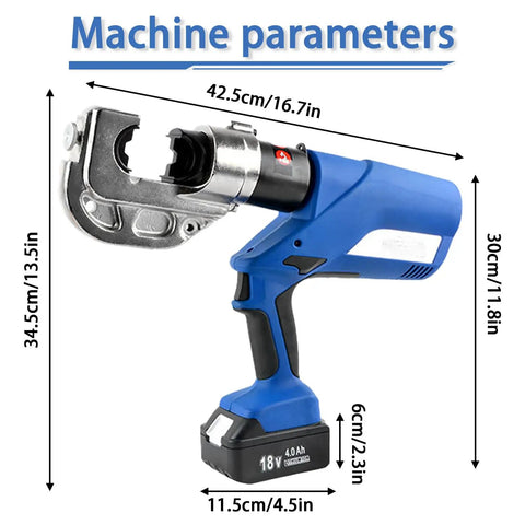 Bad Boy Cordless Hydraulic Crimping Tool With 4Ah Rechargeable Battery, 360 Swivel Jaw, Heavy Duty Cable Lug Pliers. Side view.