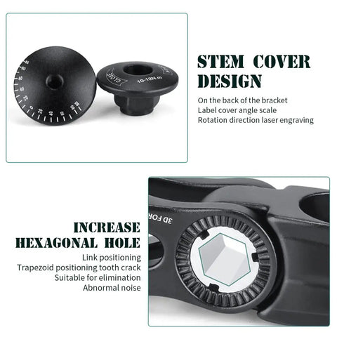 Stem cover and hexagonal hole detail of Adjustable Bike Stem 28.6mm 31.8mm Handlebar Extender With Plus Minus 85 Degree Angles.