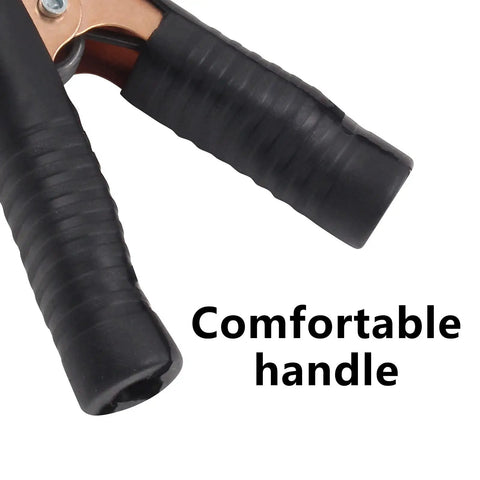 Close-up of Beefy Insulated Alligator Clips Kit handle, black rubber grip, part of 10 pieces, 100 Amp heavy duty jumper clamps.