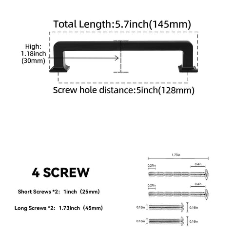 Diagram of 10 Pack Matte Black 5 Inch 128mm Cabinet Handles Zinc Alloy Drawer Pulls showing dimensions and screws.
