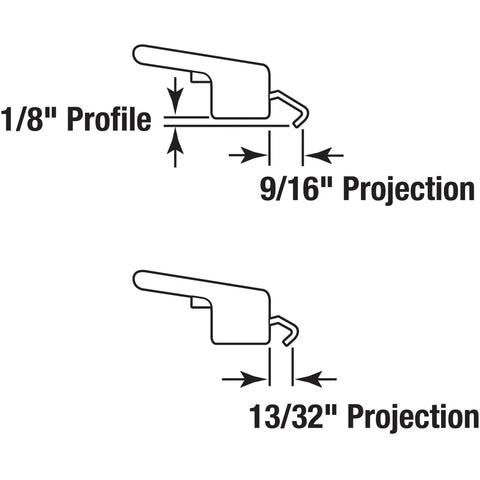 Technical diagram showing measurements for non keyed diecast sliding glass door handle set with surface mount and projections.