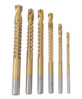 6pc serrated side-saw drill bit set; sizes 3–8 mm; gold-coated bits with silver shanks, Amazon