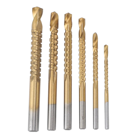 6pc serrated side-saw drill bit set; sizes 3–8 mm; gold-coated bits with silver shanks, Amazon