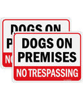 Built Solid 10x7 Inch Dogs On Premises No Trespassing Signs 2 Pack Rust Free Reflective Aluminum waterproof visible in red and white.
