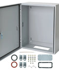 Heavy Duty Waterproof Electrical Enclosure 16 X 12 X 8 Inches Outdoor Weatherproof Junction Box With Reinforced Lock Gray opened showing interior and accessories.