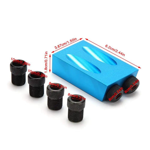Essential 14 Piece Pocket Hole Jig Drill Kit With 15 Degree Dowel Joinery Set includes blue jig block and drill stoppers.