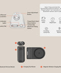 Magnetic 3 In 1 Phone Grip With Built In 3000mAh Power Bank showing Bluetooth remote, charging grip, and wireless charging module.