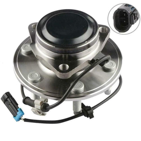 Front Wheel Bearing Hub Assembly With 6 Lugs Fits Chevrolet Avalanche Silverado Suburban 1500 Express 1500 2500 And GMC Sierra 1500 Savana 1500 2500 RWD Low Runout Quiet Operation Easy Install 10 Year Warranty, close-up view with wiring connector