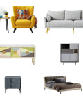 Furniture collection including yellow armchair, gray sofa, colorful sideboard, modern cabinet, bedside table, and upholstered bed.