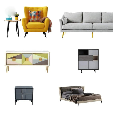 Furniture collection including yellow armchair, gray sofa, colorful sideboard, modern cabinet, bedside table, and upholstered bed.