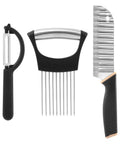 Three-piece black kitchen tool set: P-type peeler, stainless steel wavy slicer, and crinkle cutter with onion holder