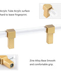 10 Pack 5 Inch Gold Acrylic Drawer Pulls With Seven Point Five Inch Overall Length For Kitchen Cabinets Square Clear Acrylic Cabinet Handles With Zinc Alloy Base Durable Rust Resistant Hardware For Kitchen And Bathroom Vanities displayed in multiple angles, showing gold finish and smooth base.